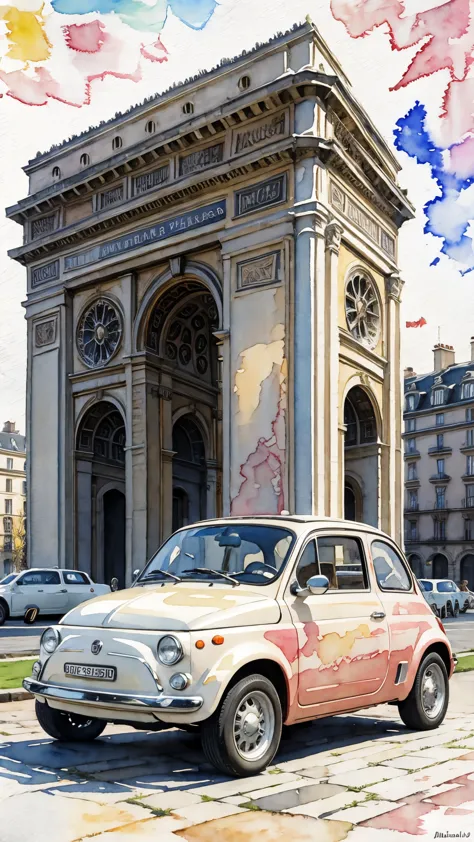 (masterpiece:1.2, Highest quality),(Very detailed),(((watercolor))),8K,wallpaper,Cream-colored Fiat 500,Paris,Run through the Ar...