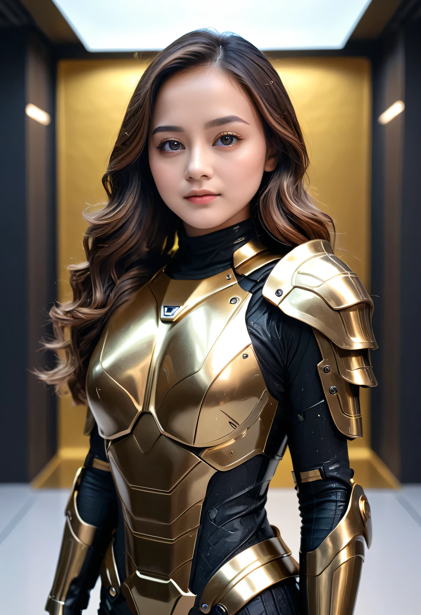 a girl with medium black eyes, aura, light brown wavy long hair, wearing black and gold sci-fi armor, sci-fi style, (best quality,4k,8k,highres,masterpiece:1.2),ultra-detailed,(realistic,photorealistic,photo-realistic:1.37),studio lighting,ultra-fine painting,sharp focus,physically-based rendering,extreme detail description,professional,vivid colors,bokeh,dramatic atmosphere,war