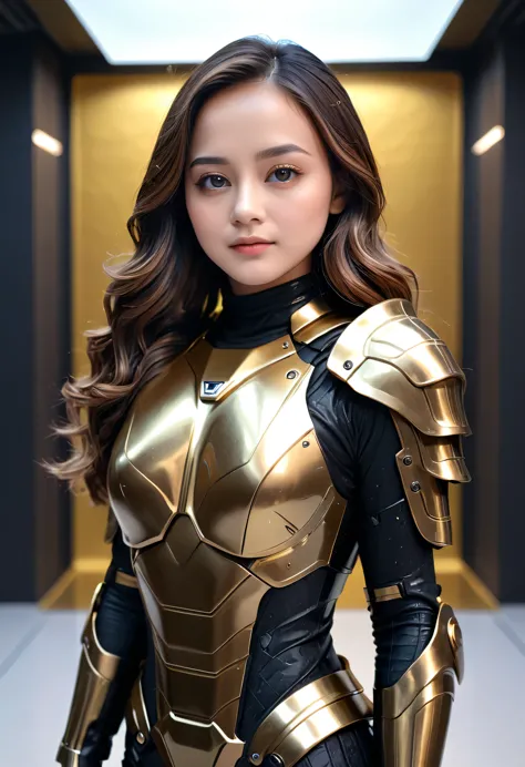 a girl with medium black eyes, aura, light brown wavy long hair, wearing black and gold sci-fi armor, sci-fi style, (best qualit...