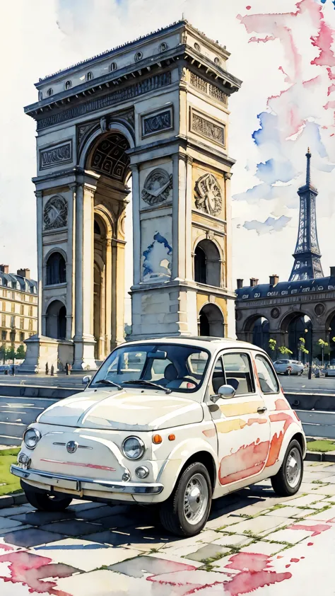 (masterpiece:1.2, Highest quality),(Very detailed),(((watercolor))),8K,wallpaper,Cream-colored Fiat 500,Paris,Run through the Ar...