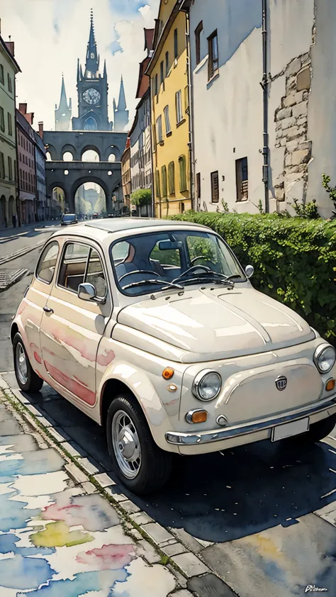 (masterpiece:1.2, Highest quality),(Very detailed),(((watercolor))),8K,wallpaper,Cream-colored Fiat 500,Germany,Run through Colo...