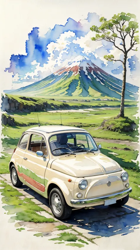 (masterpiece:1.2, Highest quality),(Very detailed),(((watercolor))),8K,wallpaper,Cream-colored Fiat 500,America,Ride through Haw...