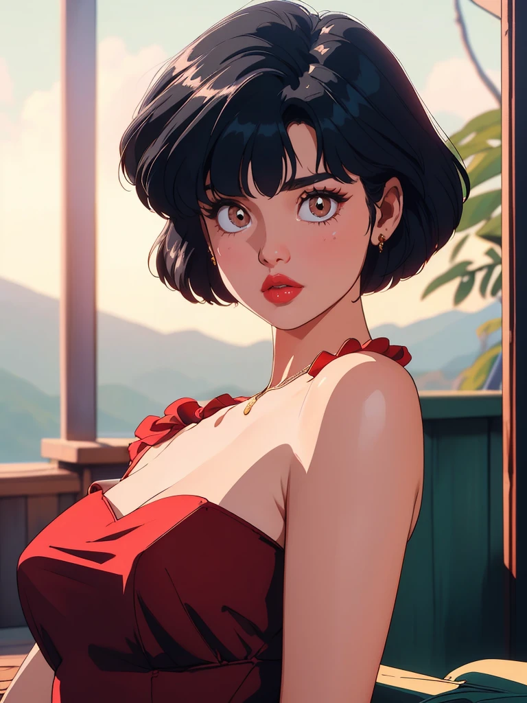 1girl, detailed facial features, beautiful intricate eyes, alluring red lips, long eyelashes, delicate skin, dynamic pose, elegant vintage dress, retro pin-up style, cinematic lighting, warm color palette, (best quality,4k,8k,highres,masterpiece:1.2),ultra-detailed,(realistic,photorealistic,photo-realistic:1.37),cinematic,dramatic,film noir, akane_tendo-ranma, portrait, 