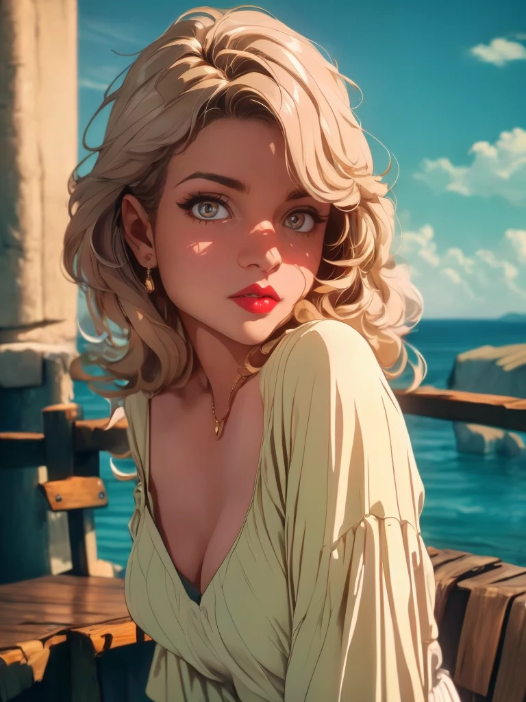 1girl, detailed facial features, beautiful intricate eyes, alluring red lips, long eyelashes, delicate skin, dynamic pose, elegant vintage dress, retro pin-up style, cinematic lighting, warm color palette, (best quality,4k,8k,highres,masterpiece:1.2),ultra-detailed,(realistic,photorealistic,photo-realistic:1.37),cinematic,dramatic,film noir,  