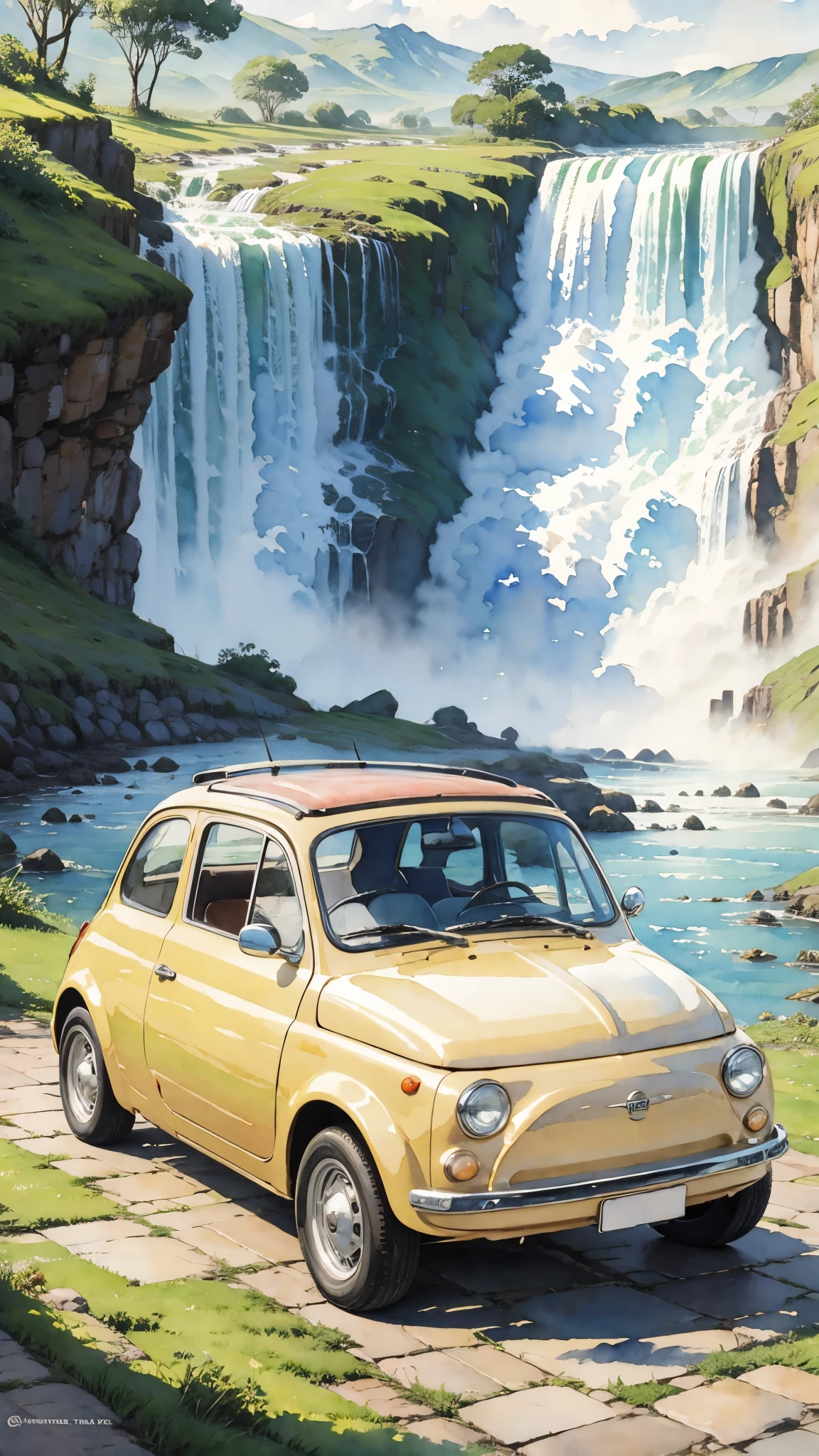 (masterpiece:1.2, Highest quality),(Very detailed),(((watercolor))),8k,wallpaper,Cream-colored Fiat 500,argentina,Ride through Iguazu National Park,(((Ghibli style))),Transparent watercolor