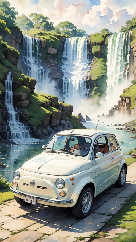 (masterpiece:1.2, Highest quality),(Very detailed),(((watercolor))),8K,wallpaper,Cream-colored Fiat 500,Argentina,Ride through I...
