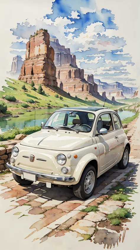 (masterpiece:1.2, Highest quality),(Very detailed),(((watercolor))),8K,wallpaper,Cream-colored Fiat 500,America,Driving through ...