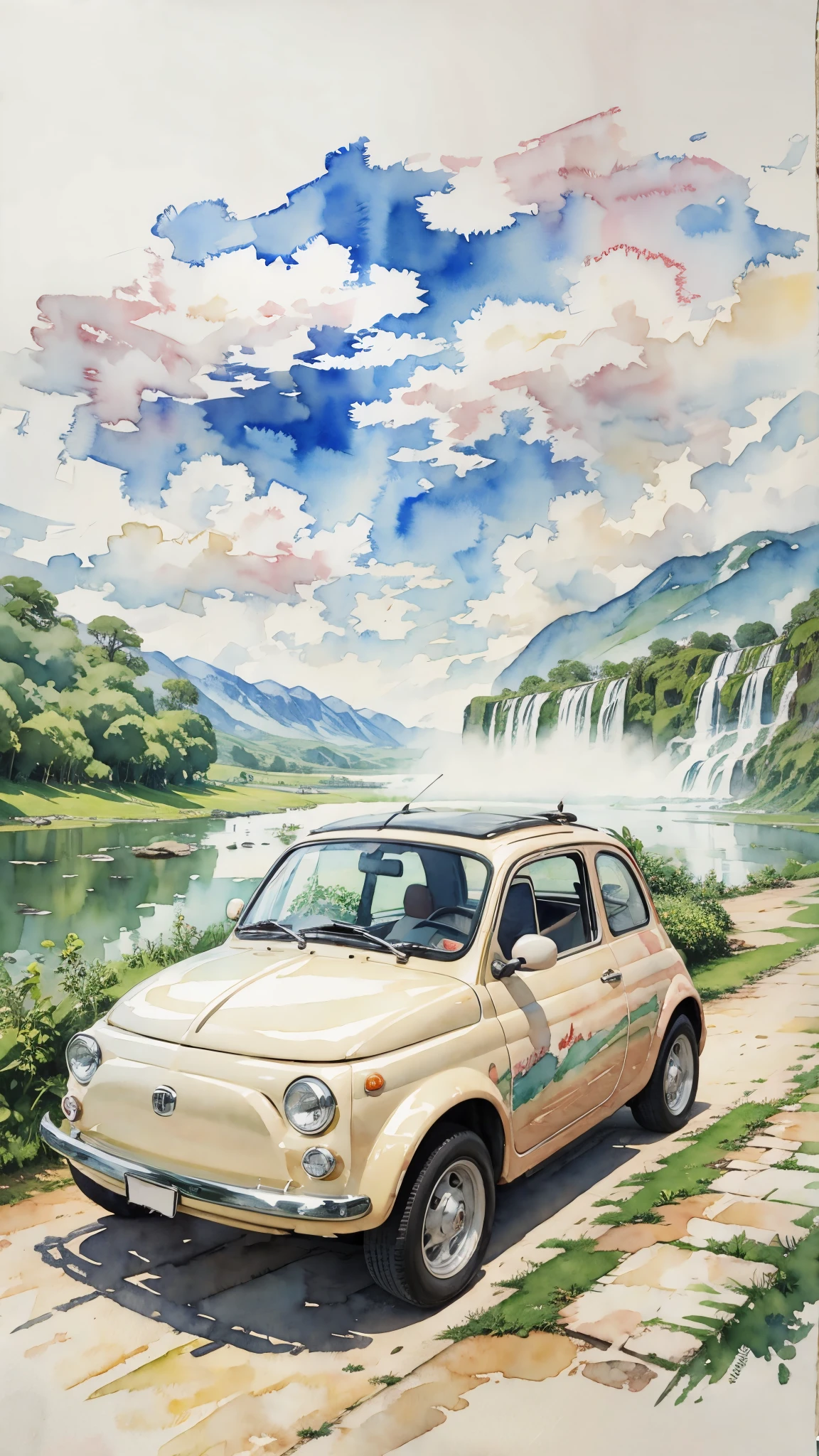 (masterpiece:1.2, Highest quality),(Very detailed),(((watercolor))),8K,wallpaper,Cream-colored Fiat 500,argentina,Ride through Iguazu National Park,(((Ghibli style))),Transparent watercolor