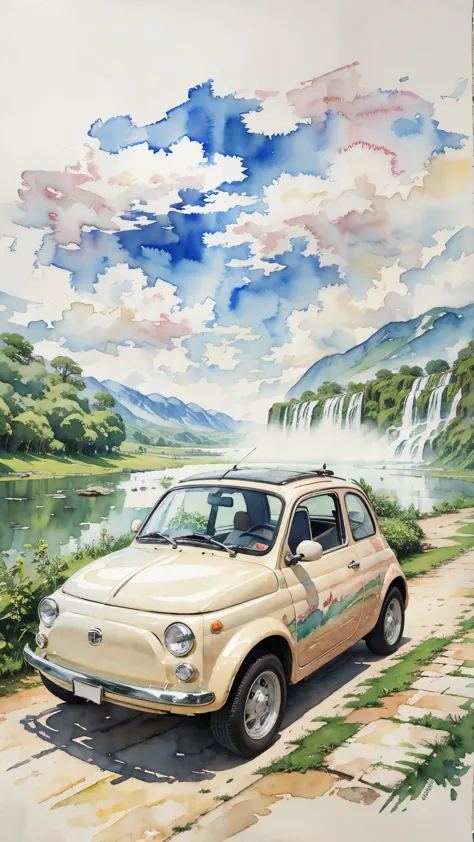 (masterpiece:1.2, Highest quality),(Very detailed),(((watercolor))),8K,wallpaper,Cream-colored Fiat 500,Argentina,Ride through I...