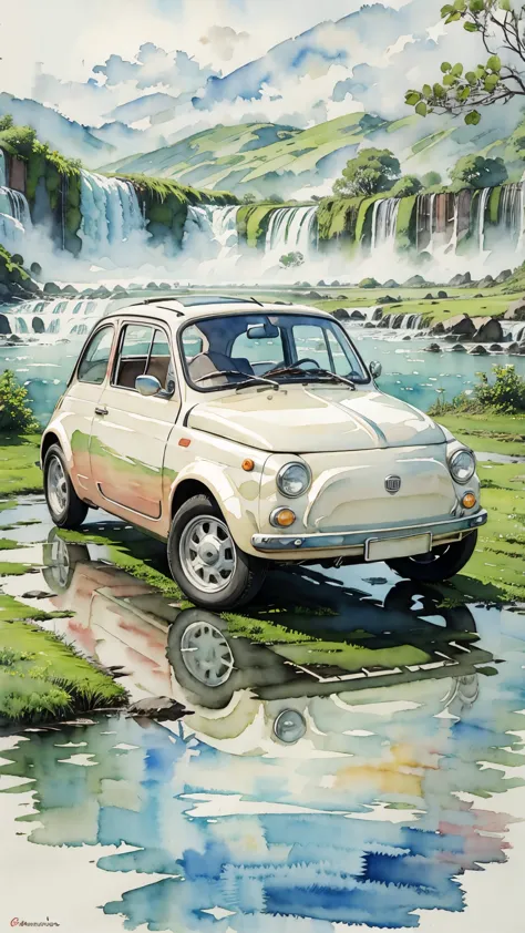 (masterpiece:1.2, Highest quality),(Very detailed),(((watercolor))),8K,wallpaper,Cream-colored Fiat 500,Argentina,Ride through I...