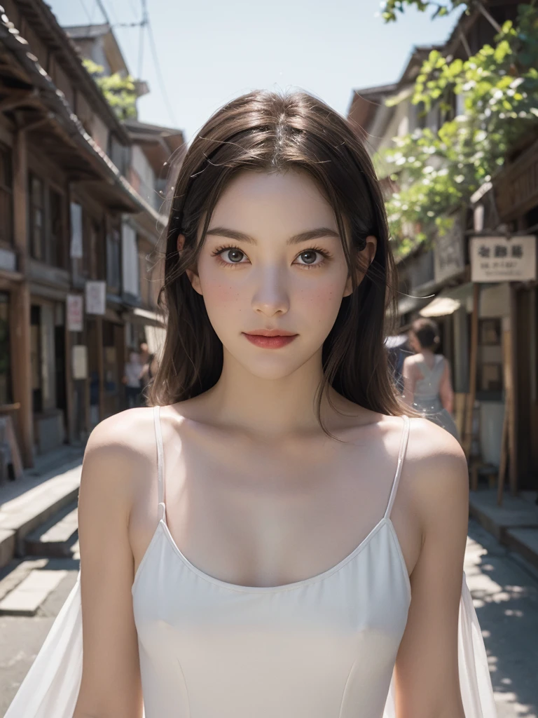 (masterpiece, best quality:1.2), (8k uhd, 16k, 32k, ultra high res), (photorealistic:1.37), (RAW photo), ultimate-realistic, ultimate-realistic details, ultimate-realistic texture, ultimate-intricate details, ultimate-realistic lighting, ultimate-realistic shadow, japanese girl, 24yo, ultimate-cute face, ultimate-RAW skin, ultimate-eyes, A photo of Mijiru's upper body, looking at the viewer with hopeful and big smile on her face, ((Liv tyler mixed face:0.8)), Mijiru is a time-traveler with a strong body foundation and a tight up rose gold hair, dressed bare shoulders stylish designed loosen jinbe,The Edo town background should be bright, exotic and with a crowd that has different cultures, centered, luminism, black eye, cinematic, Isometric, awesome full color, insanely detailed, film grain, Hasselblad X2D 100C + XCD 2,5/25V, F/1.8, (cinematic still:1.2), freckles, 35mm photograph, film, bokeh, professional, 4k, highly detailed, perfect fingers ,Extremely Realistic, UHD, arwen,