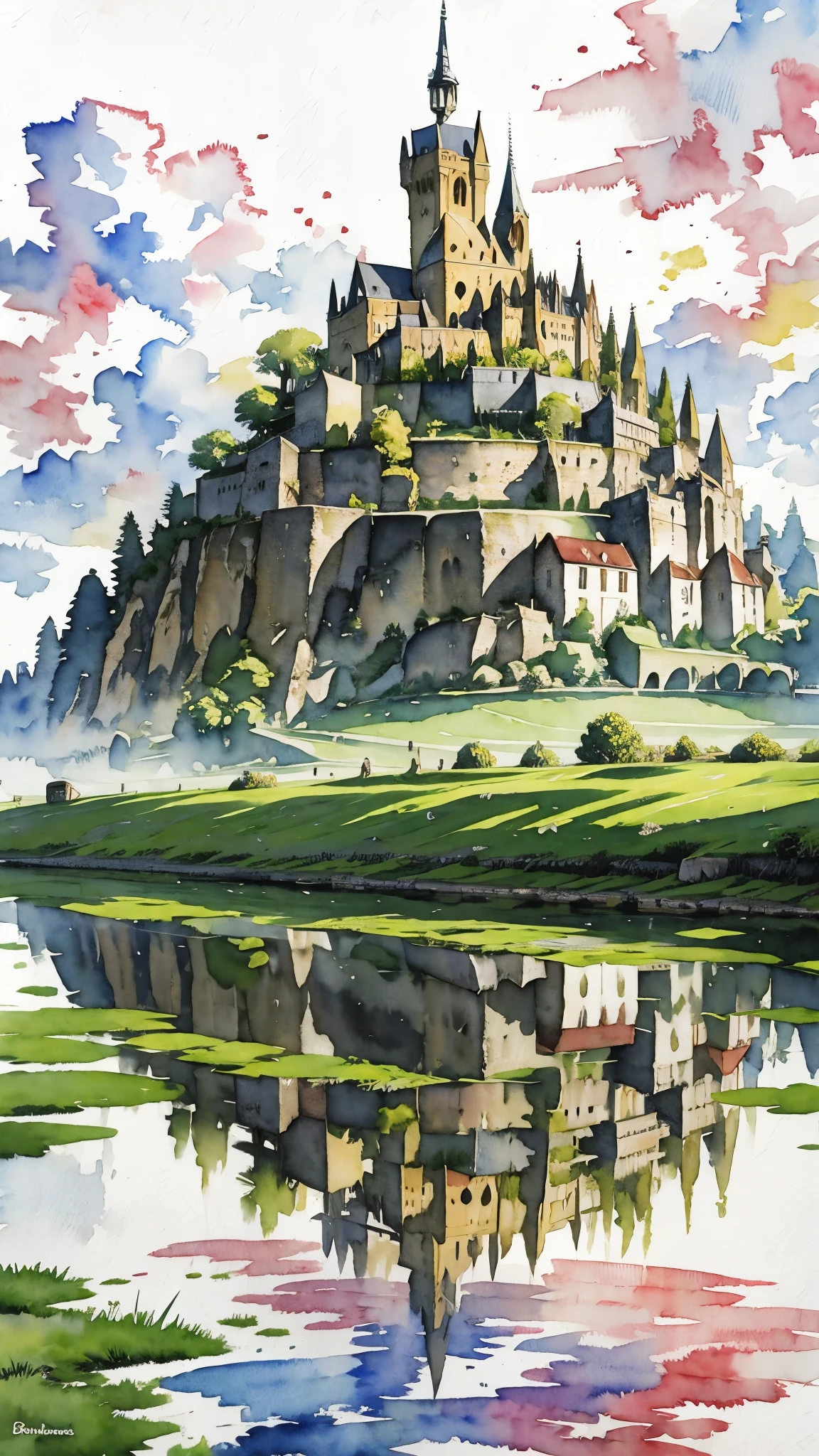 (Obra maestra:1.2, de la máxima calidad),(Muy detallado),(((acuarela))),8k,fondo de pantalla,Fiat 500 color crema,Francia,Corre por el Mont Saint-Michel,(((estilo ghibli))),透明acuarela