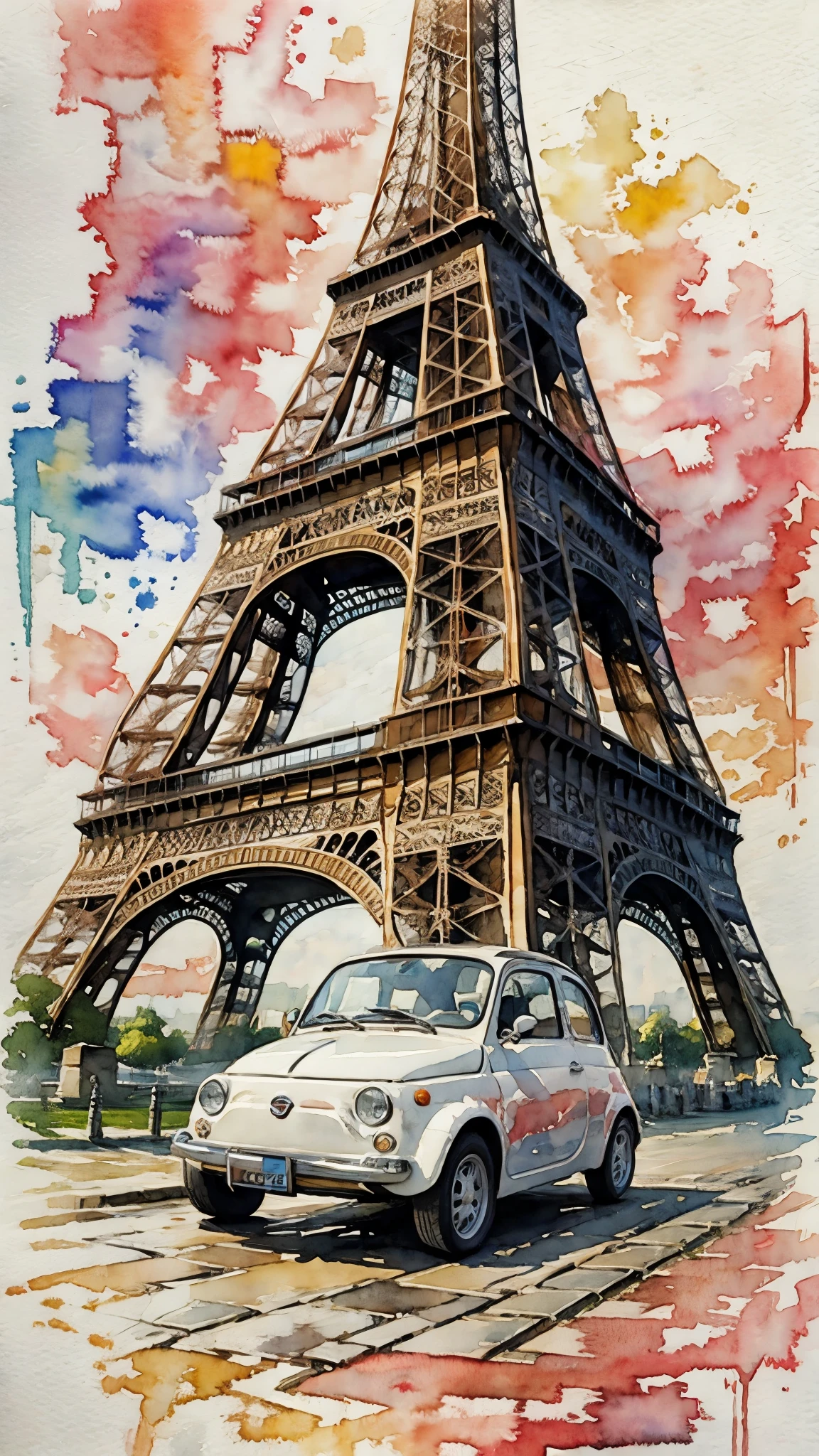 (Meisterwerk:1.2, höchste Qualität),(Sehr detailiert),(((Aquarell))),8K,HINTERGRUND,Cremefarbener Fiat 500,Frankreich,Den Eiffelturm entlanglaufen,(((Ghibli-Stil))),透明Aquarell