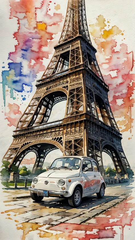 (masterpiece:1.2, Highest quality),(Very detailed),(((watercolor))),8K,wallpaper,Cream-colored Fiat 500,France,Running the Eiffe...