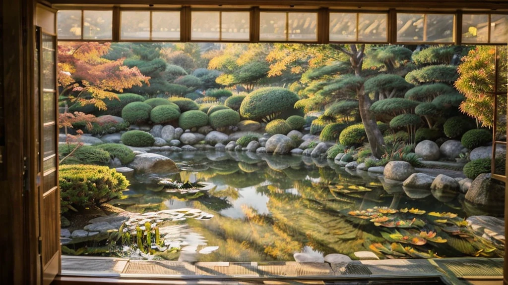 a view of a pond through a window of a 日本庭園, 伊藤若冲にインスパイアされたデジタルレンダリング, シャッターストックコンテスト優勝者, 創作された, lush 日本の風景, 日本の自然, 秋の静けさ, in 日本庭園, 日本庭園, 日本の風景, 静かで穏やかな雰囲気, 平和で穏やかな, 前景の紅葉