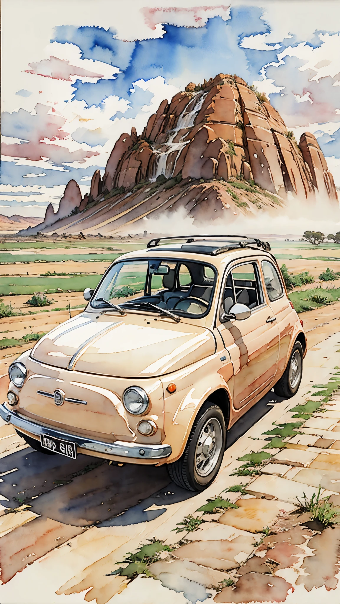 (Meisterwerk:1.2, höchste Qualität),(Sehr detailiert),(((Aquarell))),8K,HINTERGRUND,Cremefarbener Fiat 500,Australien,Ayers Rock,(((Ghibli-Stil))),透明Aquarell