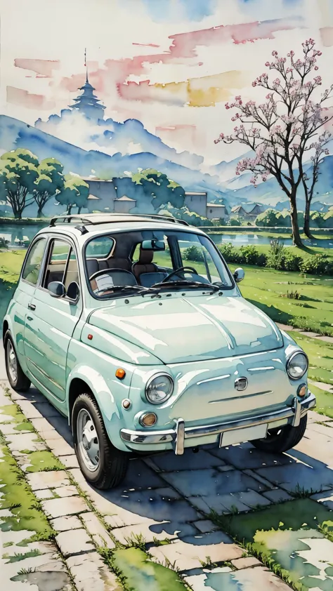 (masterpiece:1.2, Highest quality),(Very detailed),(((watercolor))),8K,wallpaper,Cream-colored Fiat 500,Running in China,(((Ghib...