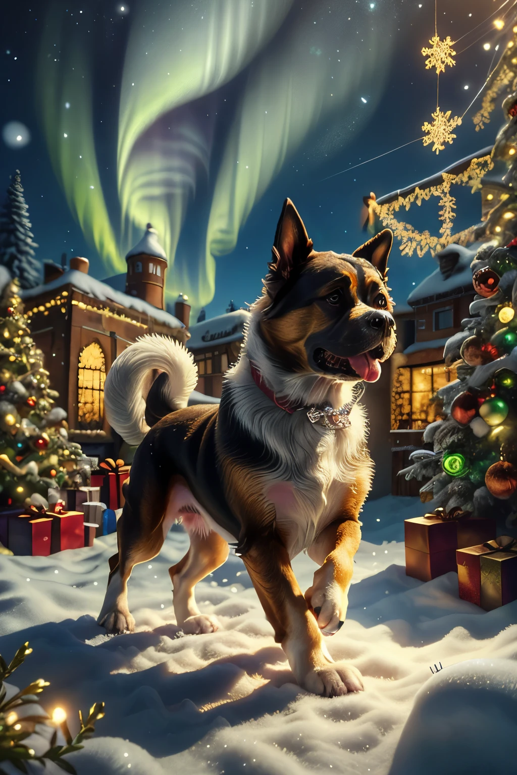 Huge green Saint Bernard dog running, Fur Christmas ball, Side view, dynamic, comics, Shine, detailed, masterpiece, Vibrant, Intricate details, Aurora, ChristmasWinter