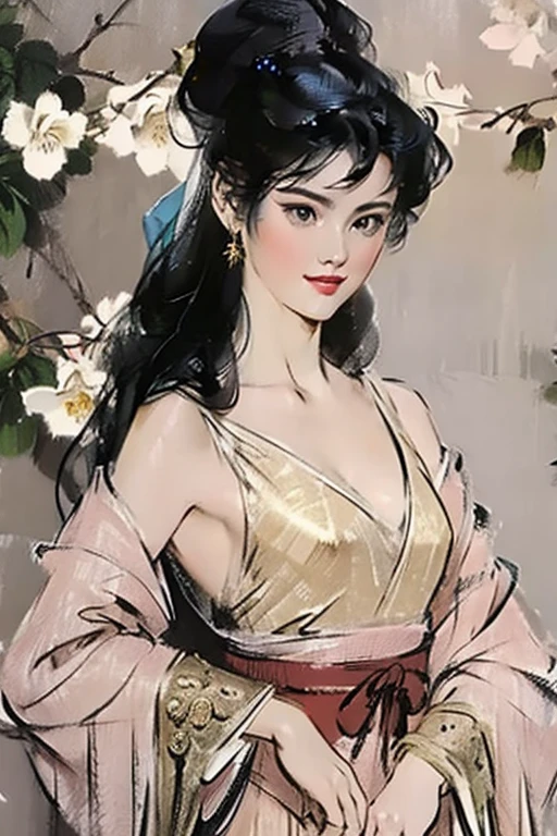 gentle and charming beautiful chinese woman, Half-body photo, delicate and sexy clavicle, charming oval face, Double eyelids, vivid peach blossom eyes, pink lips, small-nose, bared shoulders, focused face, close do rosto, ultra high definition, super details, elegant standing posture, ultra-thin wet wire that transmits light