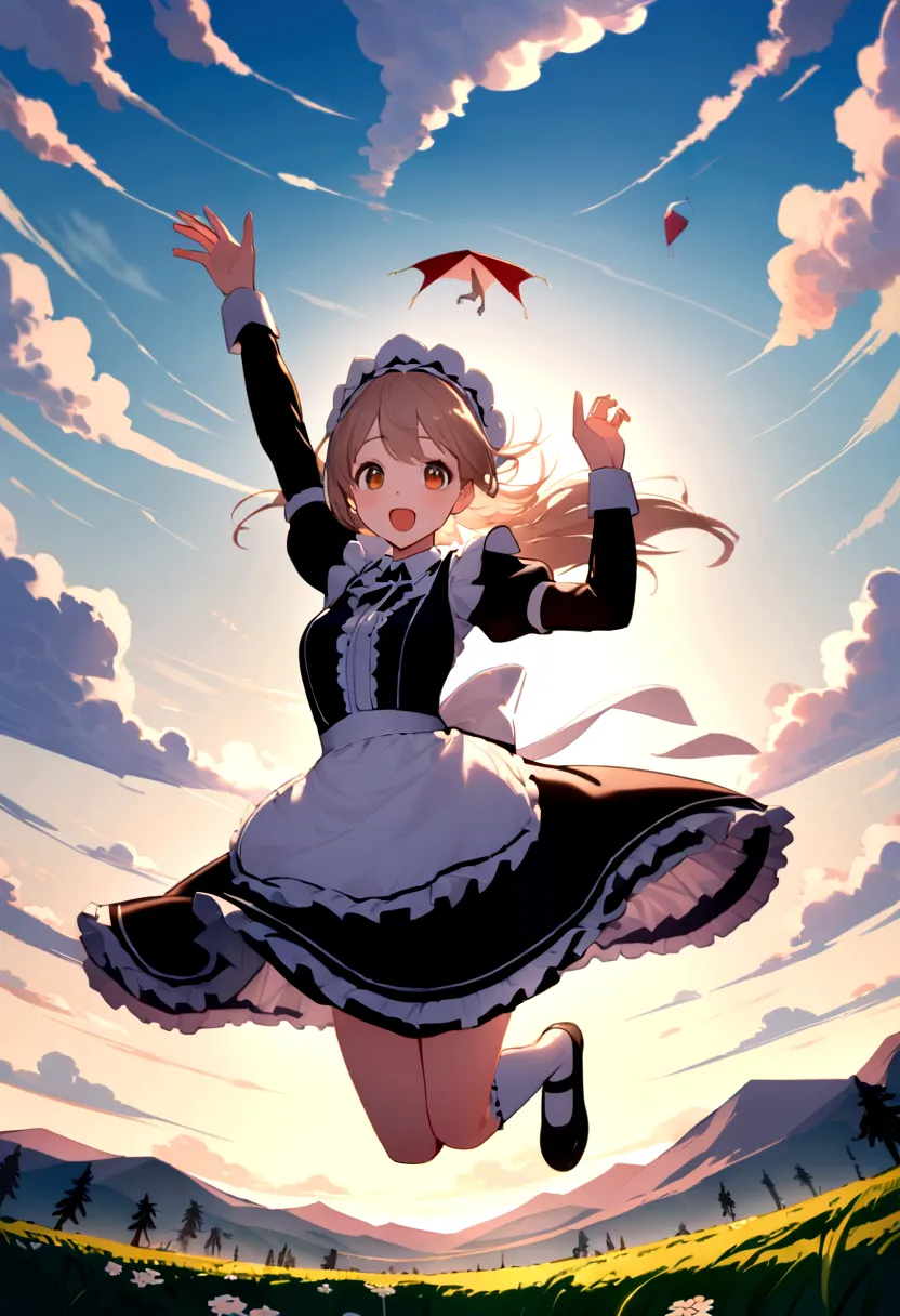 landscapeの、landscape、landscapeのメイド、ビルの上をjump、from lawn angle、maid clothes、beautiful girl、maid costume、frills fluttering in the w...