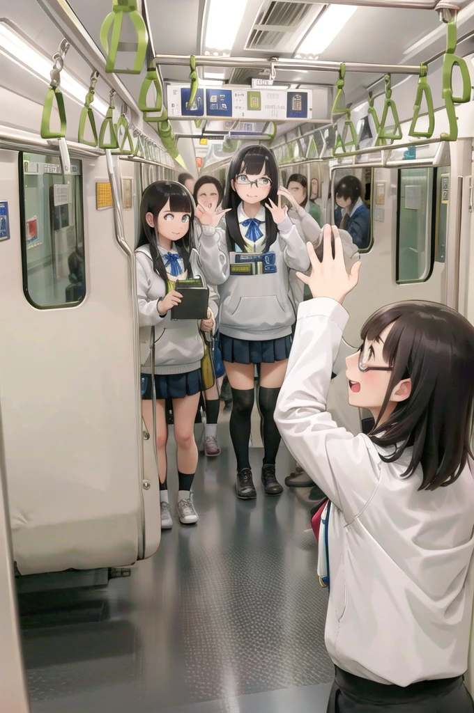 Highest quality, Super detailed, figure,
Multiple Girls, , Black Hair, Glasses, school bag, smile, Laughter, View your viewers, crowded train、Lots of girls、１man、Stand behind the girl in front、Touching her butt、
e235, Inside the train, scenery, Sheet, window, screen, Realistic, photograph background, photograph (Moderate), photographRealistic, close
 