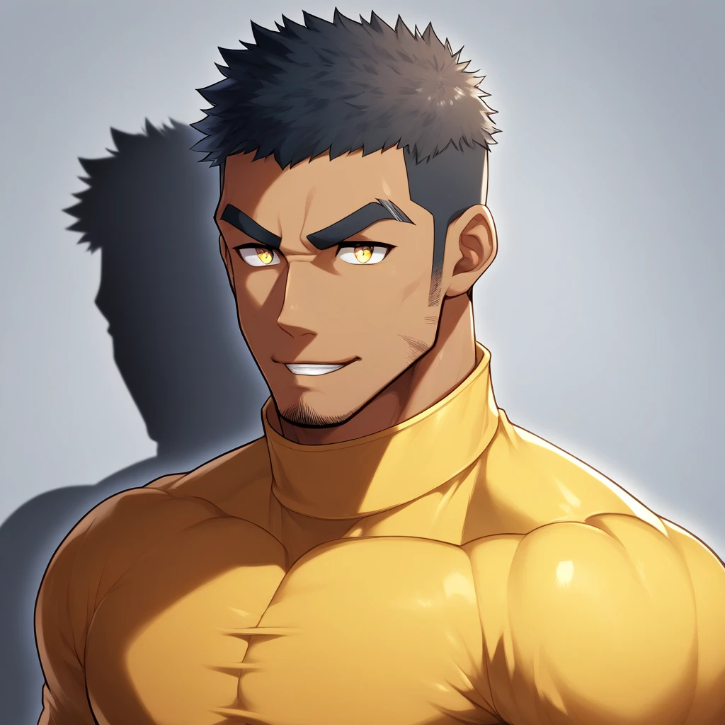 personajes de anime：gye, Estudiante de deportes musculares, negro piel negra, 1 tipo duro musculoso de piel oscura, hombría, enfoque masculino, Camiseta ajustada de manga larga con cuello alto amarillo claro, muy ajustado, Redondo, músculos del pecho llenos y alegres, Ligeramente transparente, muscular male, muscular, solo, Parte superior del cuerpo, alone, pelo corto negro, cejas gruesas, rastrojo, Ojos amarillos, fondo gris, fondo sencillo, calidad increíble, Mejor estetica, Ridículo, pupilas brillantes, Corte de equipo, Labios partidos, sonrisa seductora, torogao, Cara traviesa, sombra paralela, mejor calidad