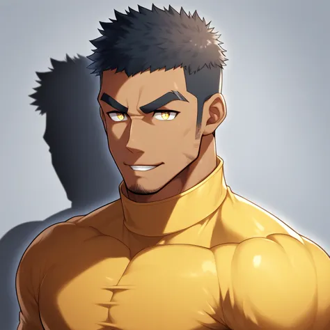 anime characters：Gyee, Muscle Sports Student, negro black skin, 1 dark skin muscular tough guy, Manliness, male focus, Light yel...