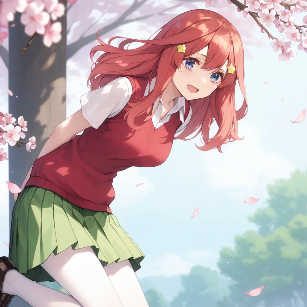 1 girl, Itsuki Nakano, bangs, blue eye, hair between the eyes, drowning, red hair, star \(symbol\), hair ornament, star hair ornament, medium breasts,
skirt, shirt, clavicle, white shirt, short sleeves, pleated skirt, tights, collared shirt, miniskirt, knee-length, white tights, green skirt, sweater vest, red sweater vest, loafers,
looking at viewer, alone, leaning forward, arms behind back, standing, outdoors, cherry blossoms, dancing cherry leaves,
smile, open mouth,
Masterpiece, best quality,