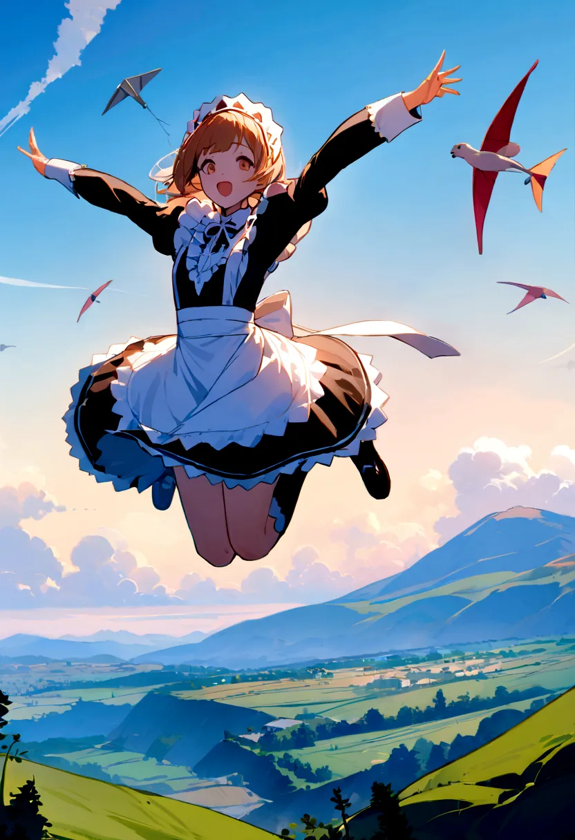 masterpiece、landscapeの、landscape、landscapeのメイド、ビルの上をjump、from lawn angle、maid clothes、beautiful girl、maid costume、frills flutter...