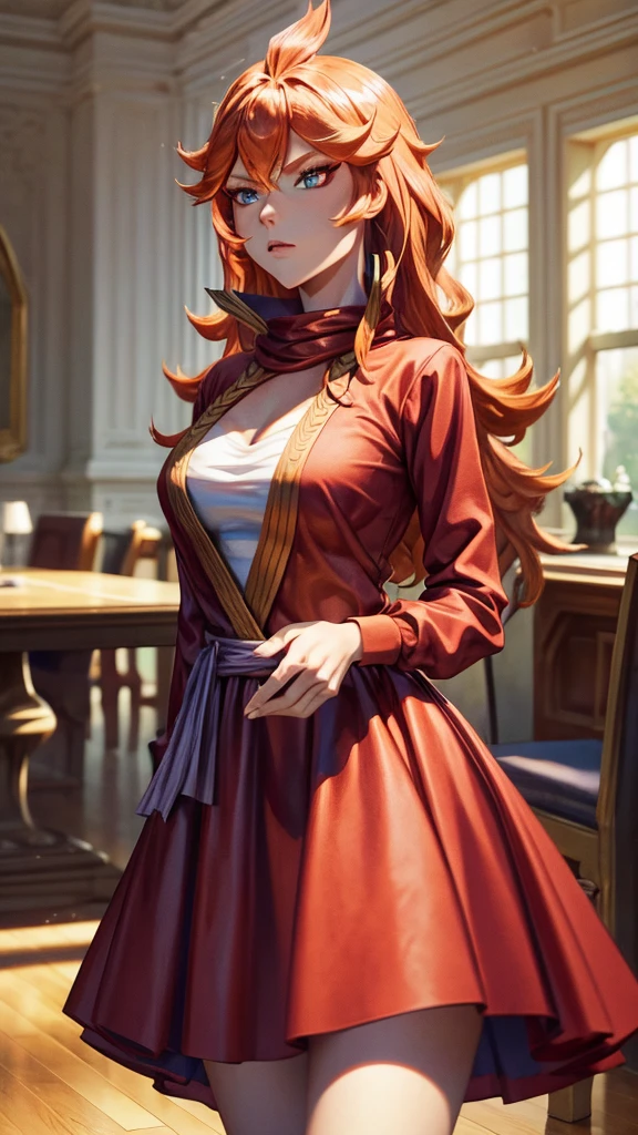 best qualityer, super detaill, work of art, ultra HD, 8K, 1 girl, focus on the girl, Mereoleona Vermillion, redgown, short dress, chic, in a ballroom.