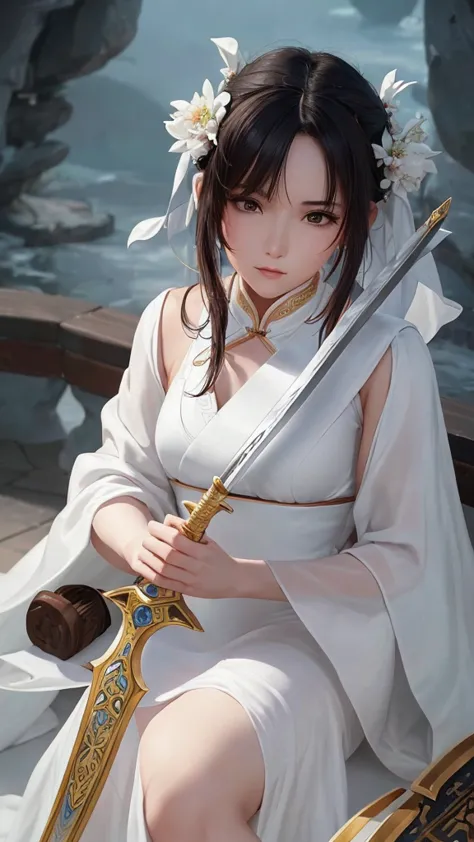 a close up of a woman with a sword in a white dress, a character portrait by Yang J, trending on cgsociety, fantasy art, beautif...