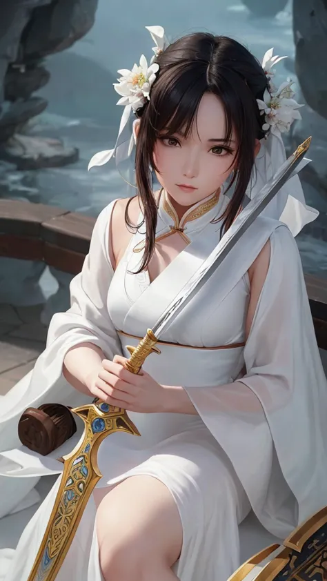 a close up of a woman with a sword in a white dress, a character portrait by yang j, trending on cgsociety, fantasy art, beautif...