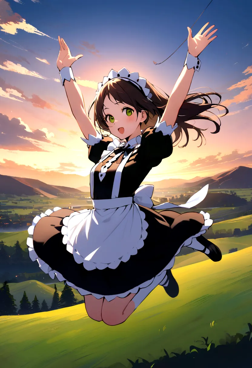 走るようなjump、running pose、masterpiece、landscapeの、landscape、landscapeのメイド、ビルの上をjump、from lawn angle、maid clothes、beautiful girl、maid...