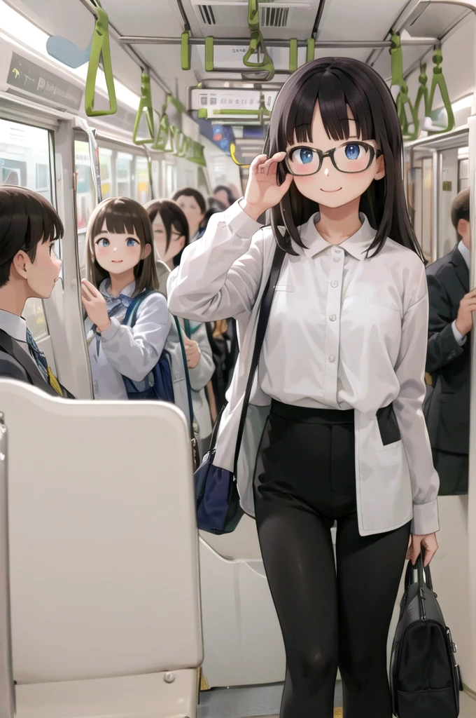 Highest quality, Super detailed, figure,
Multiple Girls, , Black Hair, Glasses, school bag, smile, Laughter, View your viewers, crowded train、Lots of girls、１man、Stand behind the girl in front、A man is touching a girl&#39;s butt、
e235, Inside the train, scenery, Sheet, window, screen, Realistic, photograph background, photograph (Moderate), photographRealistic, close
 