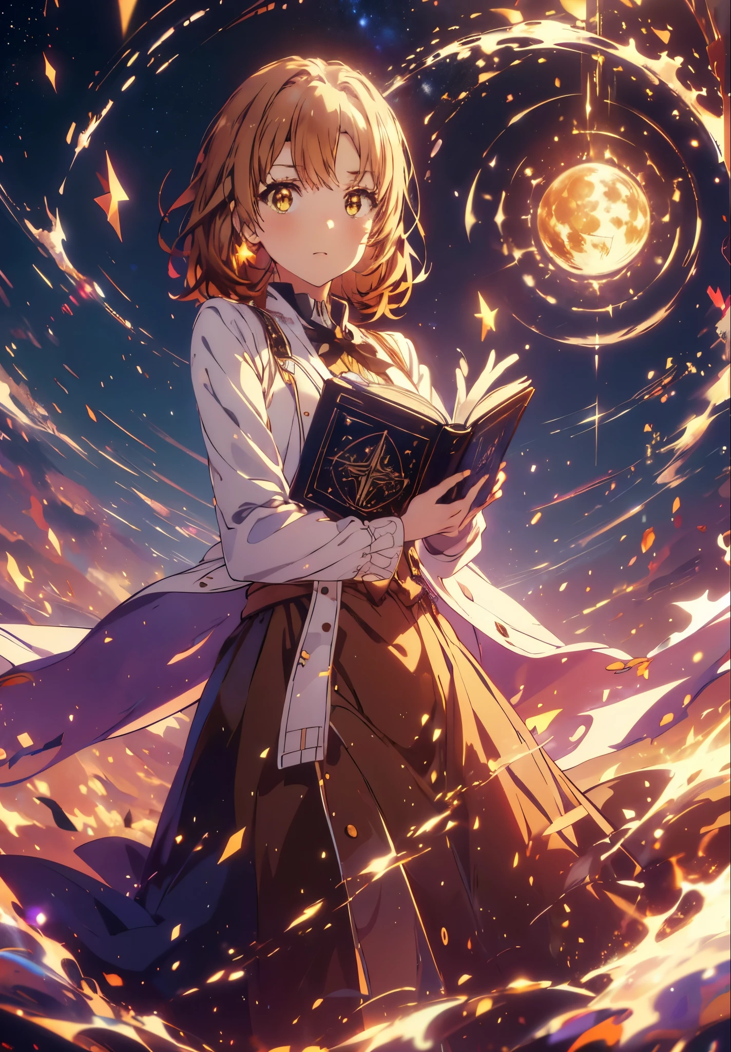 Irohaisshiki, isshiki iroha, Short Hair, Brown Hair, (Brown eyes:1.5), smile,((Night Sky)),((Big full moon)),((Sparkling and colorful stars)),Fluffy hair,((Idol style costume with soft volume)),Long skirt,Holding a magic book in his right hand,Uses magic with left hand,((witch)),Rubik&#39;s Square,
break outdoors, forest,forest
break looking at viewer,Upper Body,
break (masterpiece:1.2), Highest quality, High resolution, unity 8k wallpaper, (shape:0.8), (Narrow and beautiful eyes:1.6), Highly detailed face, Perfect lighting, Highly detailed CG, (Perfect hands, Perfect Anatomy),