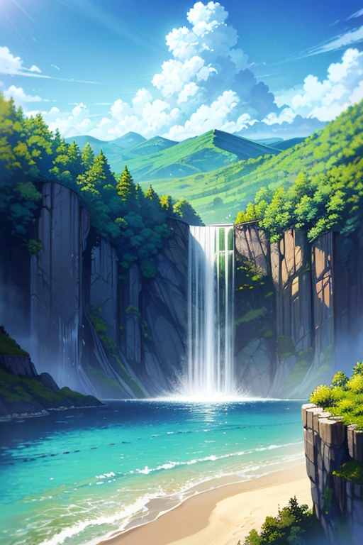 ({{High resolution,}},masterpiece,Super detailed,Highest quality,8K)、朝Day、Dayの出、美しいDayの入り、朝Day、美しいlandscape、Vast land、cloud, null, scenery, Day, green_null, Mountain, cloudy_null, Outdoor, waterfall, Fantasy, horizon,  water, landscape, Mountainous_horizon, Ocean, wood, river