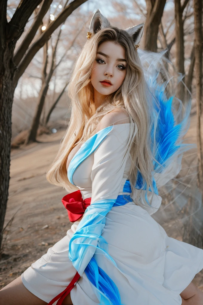 Ahri (League of Legends),Weitwinkelaufnahme, eine sexy Frau, schönes Gesicht, Tiefenschärfe, Geschäftsfrau, ein rot-weißes, vom Kimono inspiriertes Kleid mit goldenen und blauen Akzenten, mit langen Ärmeln und kurzem Rock. Sie hat neun weiße Fuchsschwänze, die hinter ihr aufgefächert sind, jeweils mit einem blauen Leuchten an der Spitze. Ihr Haar ist lang und schwarz mit Fuchsohren auf dem Kopf. Sie hat eine bezaubernde, mysteriöser Ausdruck, mit ihrem hellen, bezaubernde Augen