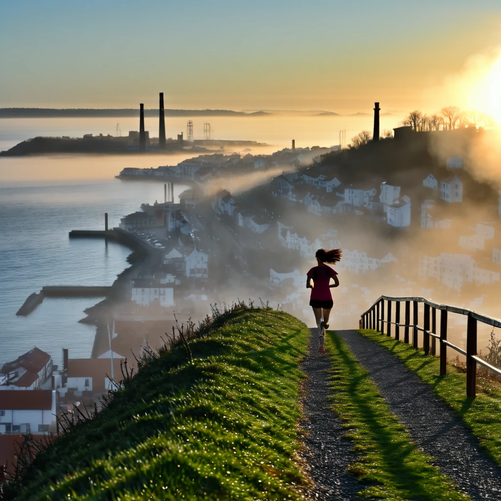 a woman running on a steep hill road in a foggy countryside town at sunrise, distant and close-up views, chimneys with smoke in an old rusty factory near a bay and port, cinematic lighting, dramatic atmosphere, 8k, high quality, photorealistic, detailed landscape, moody colors, volumetric lighting, hazy environment