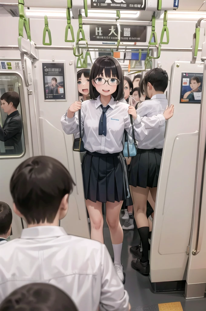 Highest quality, Super detailed, figure,
Multiple Girls, , Black Hair, Glasses, school bag, smile, Laughter, View your viewers, crowded train、Lots of schoolgirls、１man、A man stands behind a woman、A man is touching a woman's ass、
e235, Inside the train, scenery, Sheet, window, screen, Realistic, photograph background, photograph (Moderate), photographRealistic, close
 