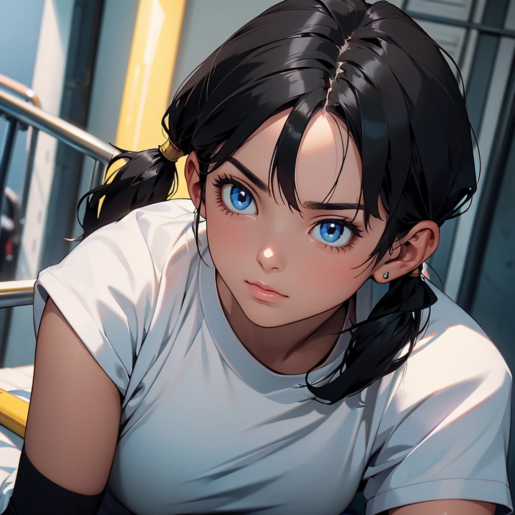 (masterpiece), anime, Best quality, good anatomy, videl2, solo, ( on your knees),blue eyes, black hair, twintails, black gloves, medium breast, realistic face, glomy face, Looking down, vagina, bangs, white shirt, gym, Reflectors, 8K masterpiece, super detail, film movie, best quality, best ditails, detailed face, detailed eyes, camera from bellow