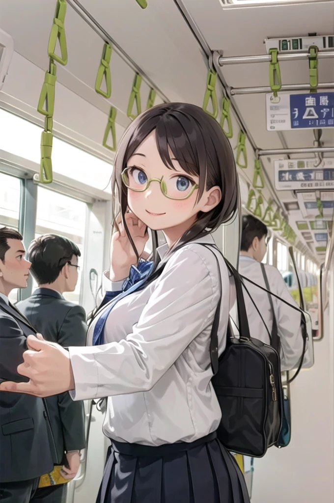 Highest quality, Super detailed, figure,
Multiple Girls, , Black Hair, Glasses, school bag, smile, Laughter, View your viewers, crowded train、Lots of schoolgirls、１man、A man stands behind a woman、A man is touching a woman's ass、
e235, Inside the train, scenery, Sheet, window, screen, Realistic, photograph background, photograph (Moderate), photographRealistic, close、１A man surrounded by female students
 