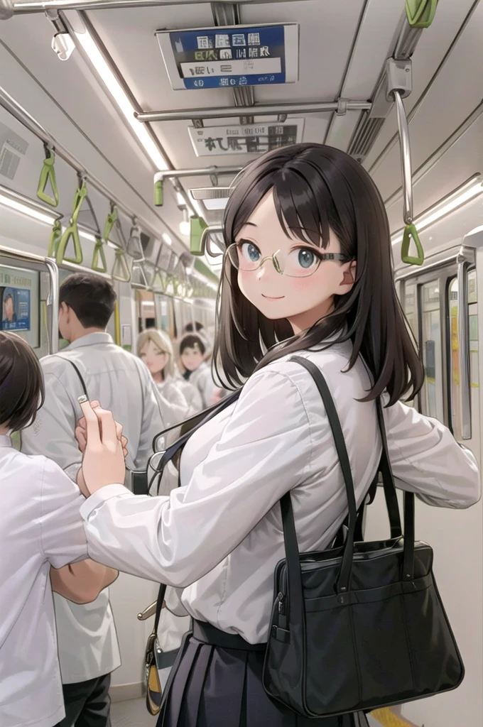 Highest quality, Super detailed, figure,
Multiple Girls, , Black Hair, Glasses, school bag, smile, Laughter, View your viewers, crowded train、Lots of schoolgirls、１man、A man stands behind a woman、A man is touching a woman's ass、
e235, Inside the train, scenery, Sheet, window, screen, Realistic, photograph background, photograph (Moderate), photographRealistic, close、１A man surrounded by female students
 