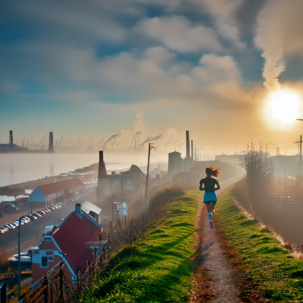 uma mulher correndo em uma estrada íngreme em uma cidade rural com neblina ao nascer do sol, vistas distantes e próximas, chaminés com fumaça em uma velha fábrica enferrujada perto de uma baía e porto, iluminação cinematográfica, atmosfera dramática, 8K, alta qualidade, fotorrealista, paisagem detalhada, cores temperamentais, iluminação volumétrica, ambiente nebuloso