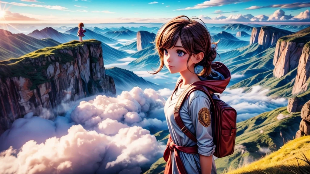 a beautiful young girl standing on a mountain top, admiring the sunrise emerging from the sea of clouds, sunlight streaming through the mist, picturesque landscape, (best quality,4k,8k,highres,masterpiece:1.2),ultra-detailed,(realistic,photorealistic,photo-realistic:1.37),detailed facial features, natural lighting, vivid colors, golden hour, atmospheric, breathtaking scenery, magical, serene, wonder, awe-inspiring