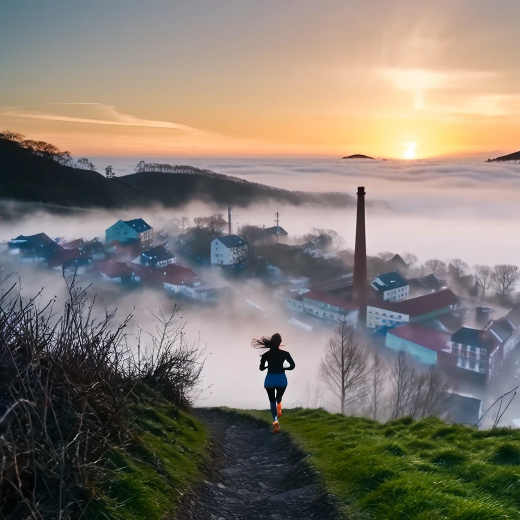 Woman running up a steep hill in a misty rural town at sunrise、Distant and Near Views、Smoke coming from the chimneys of an old rusty factory near the bay and port、Cinematic lighting、Dramatic atmosphere、8K、high quality、Photorealistic、Detailed landscape、Moody colors、Volumetric lighting、Hazy environment、bichu