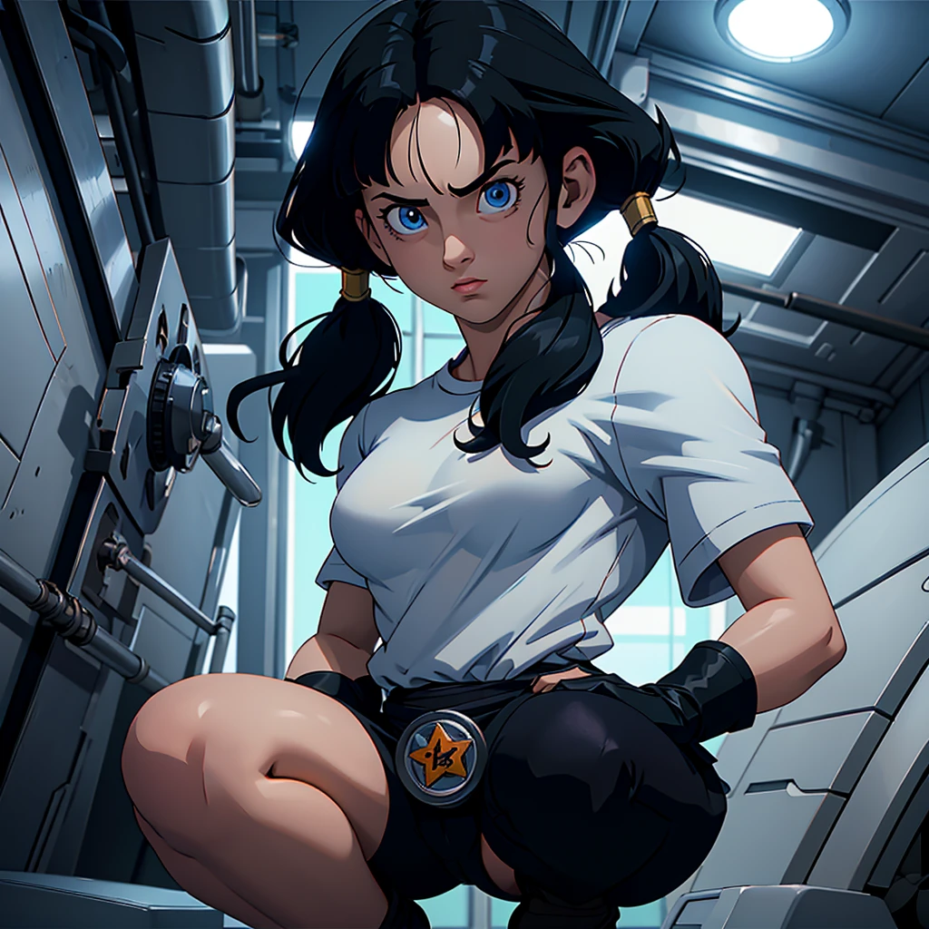 (masterpiece), anime, Best quality, good anatomy, videl2, solo, ( on your knees),blue eyes, black hair, twintails, black gloves, medium breast, realistic face, glomy face, Looking down, vagina, bangs, white shirt, gym, Reflectors, 8K masterpiece, super detail, film movie, best quality, best ditails, detailed face, detailed eyes, camera from bellow