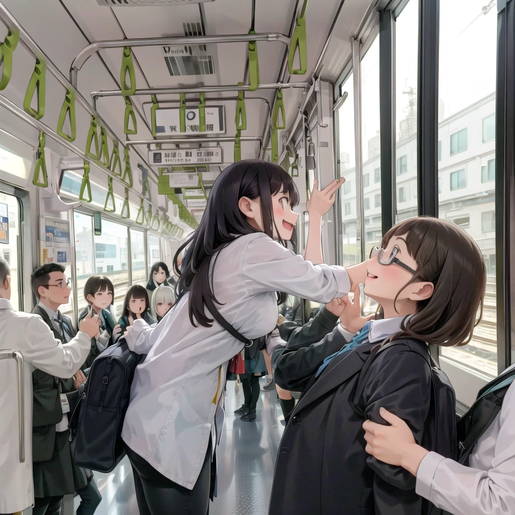 Highest quality, Super detailed, figure,
Multiple Girls, Small breasts , Black Hair, Glasses, school bag, smile, Laughter, View your viewers, crowded train、Lots of schoolgirls、１man、A man stands behind a woman、A man is touching a woman's ass、
e235, Inside the train, scenery, Sheet, window, screen, Realistic, photograph background, photograph (Moderate), photographRealistic, close、１A man surrounded by female students
 