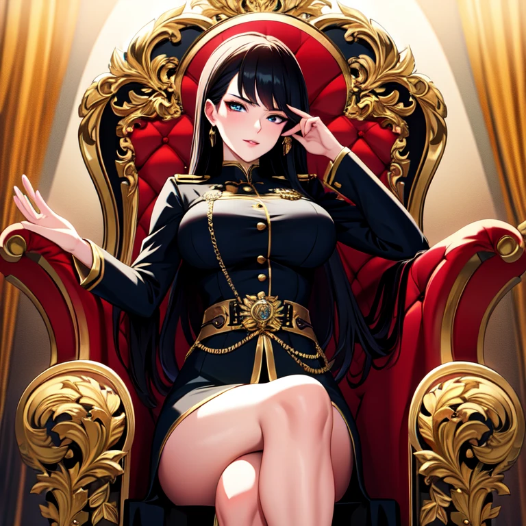 a beautiful and seductive woman with the face of the reference image, sitting on an ornate throne chair, wearing a black military uniform, highy detailed, 8K, Masterpiece artwork, cinematic lighting, dramatic pose, Bright dark, details Intricate, rich colors , chic, majestic, arrogant look from top to bottom, mighty, age between 30 and 40 years, don&#39;t wear a skirt, don&#39;t wear pantyhose, wears pants