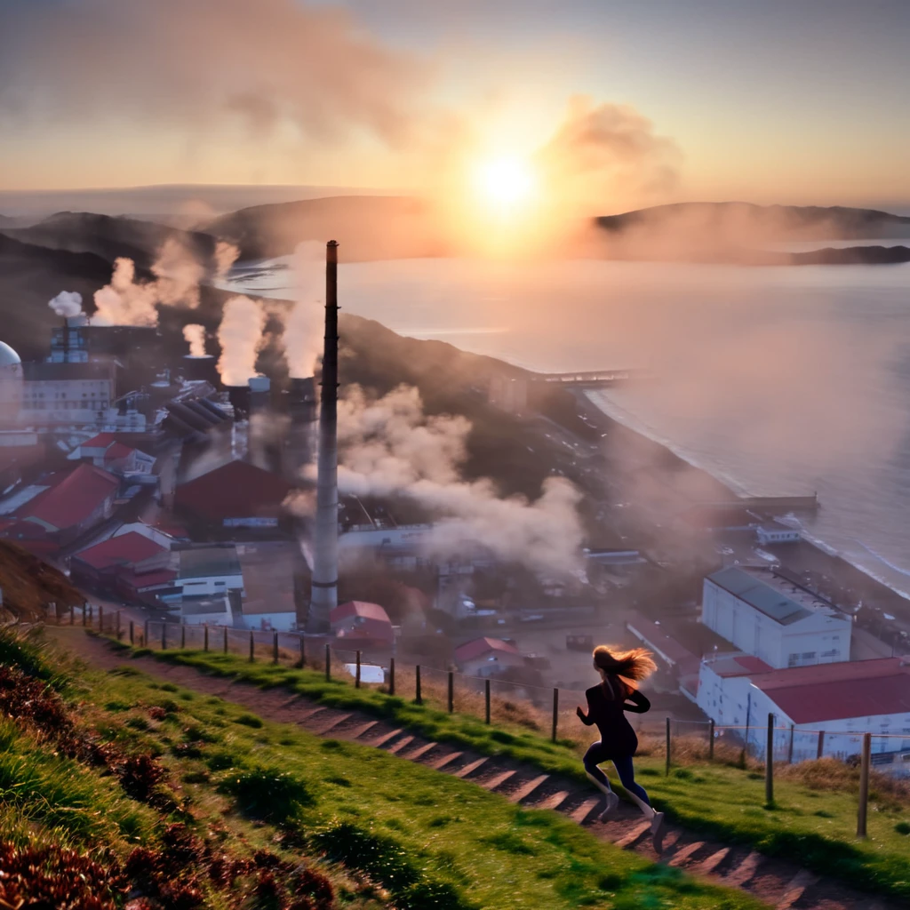 Woman running up a steep hill in a misty rural town at sunrise、Distant and Near Views、Smoke coming from the chimneys of an old rusty factory near the bay and port、Cinematic lighting、Dramatic atmosphere、8K、high quality、Photorealistic、Detailed landscape、Moody colors、Volumetric lighting、Hazy environment、