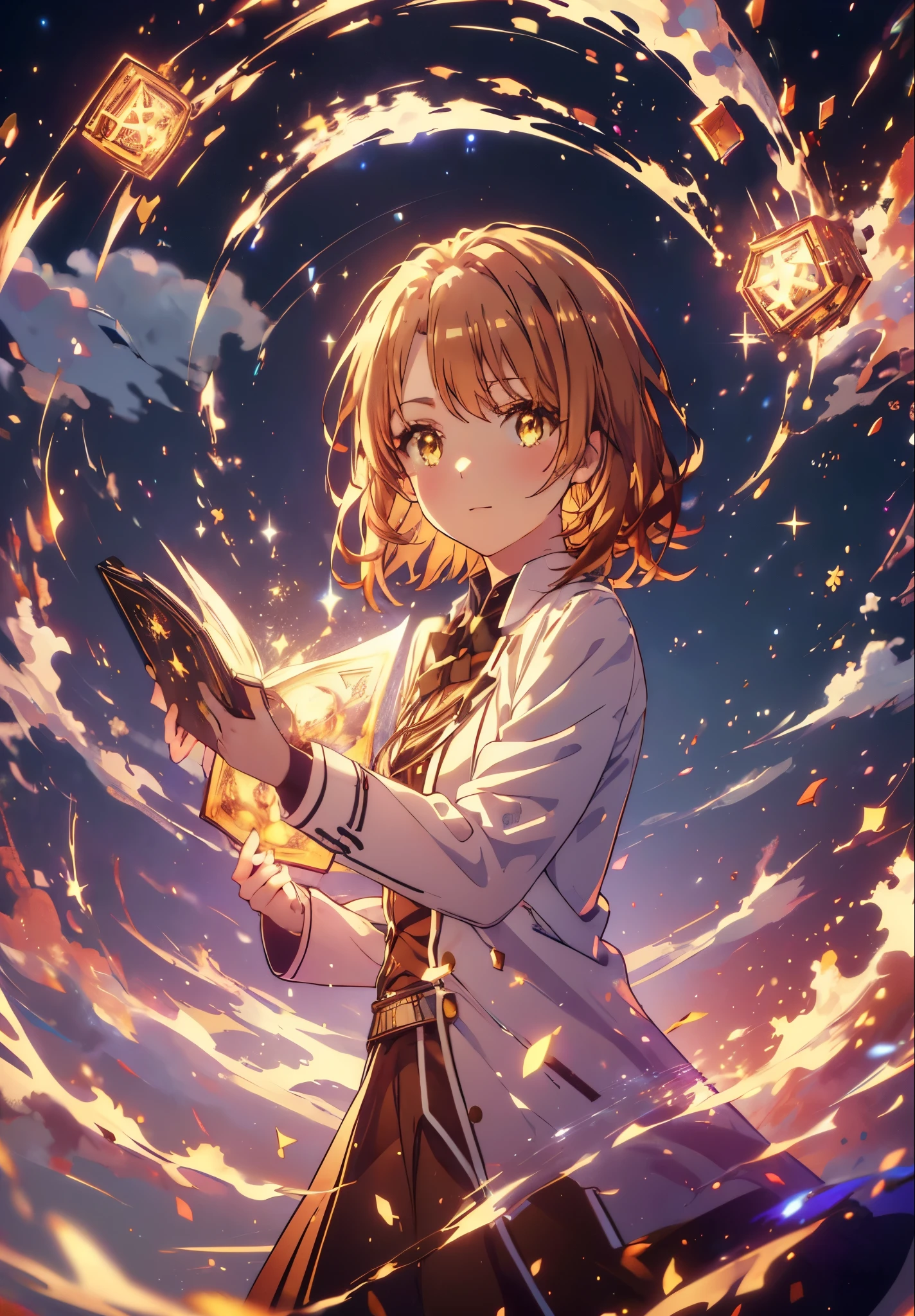 Irohaisshiki, isshiki iroha, Short Hair, Brown Hair, (Brown eyes:1.5), smile,((Night Sky)),((Big full moon)),((Sparkling and colorful stars)),Fluffy hair,((Idol style costume with soft volume)),Long skirt,Holding a magic book in his right hand,Uses magic with left hand,((witch)),Rubik&#39;s Square,
break outdoors, forest,forest
break looking at viewer,Upper Body,
break (masterpiece:1.2), Highest quality, High resolution, unity 8k wallpaper, (shape:0.8), (Narrow and beautiful eyes:1.6), Highly detailed face, Perfect lighting, Highly detailed CG, (Perfect hands, Perfect Anatomy),